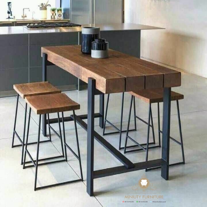 furniture interior set meja cafe besi kombinasi kayu