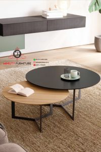 meja ruang tamu bulat minimalis kaki besi kombinasi kayu